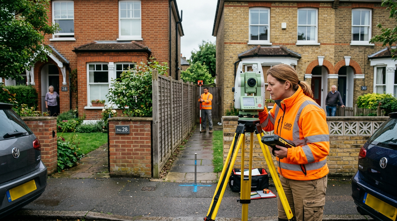 Surveyor measuring property boundary between two London homes with professional equipment