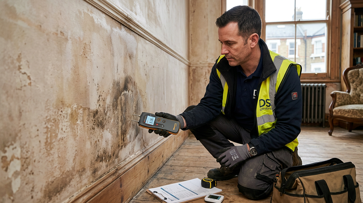 Surveyor with moisture meter testing damp levels in a period London property wall