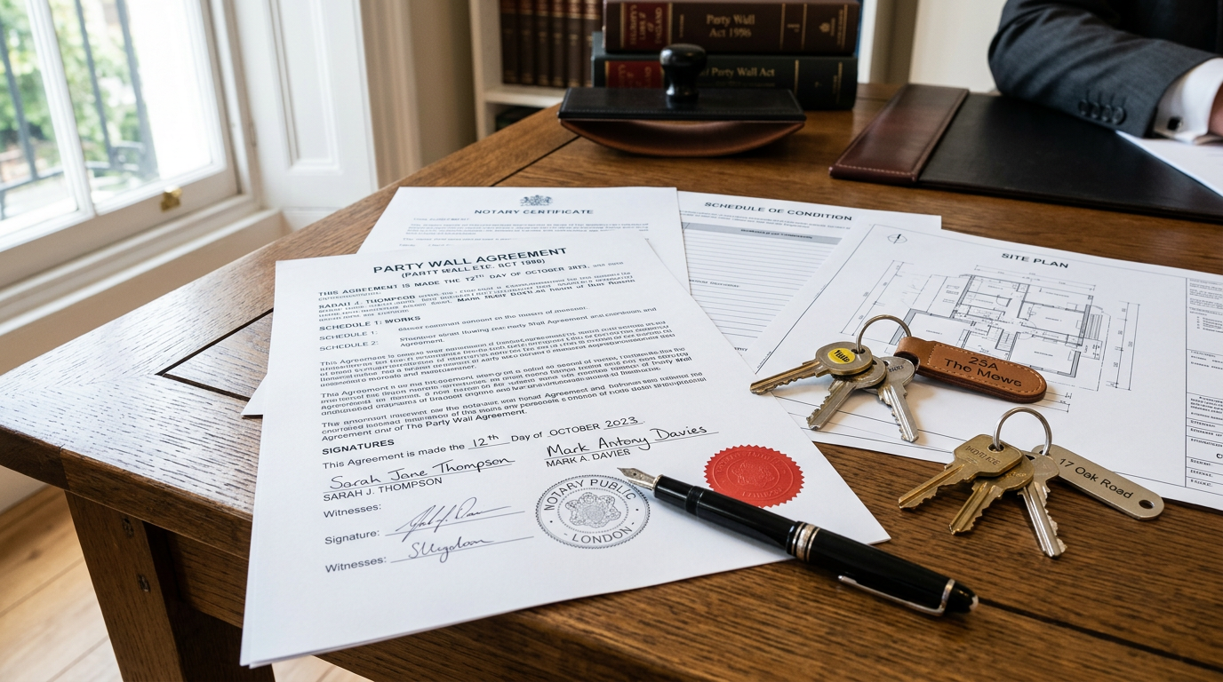 Party wall agreement documents on a table with two sets of house keys