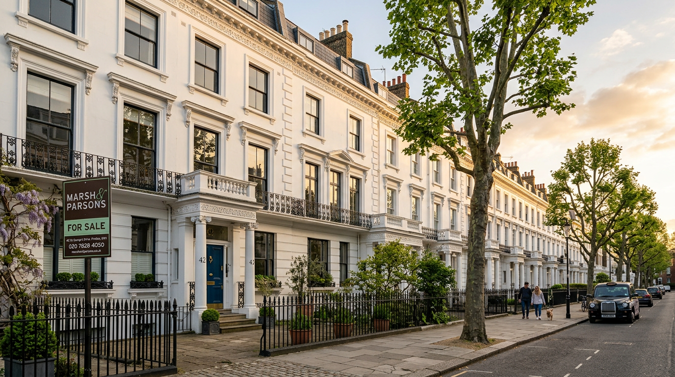 Georgian white stucco terrace on a tree-lined Pimlico street at golden hour