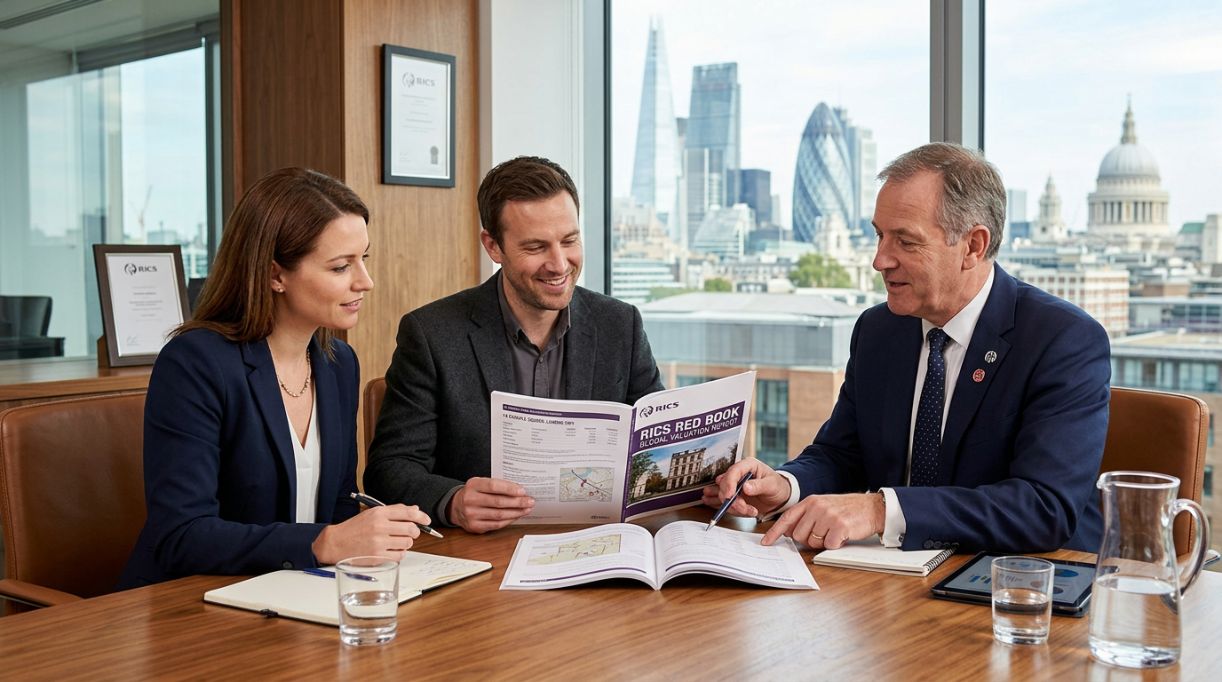 RICS valuation report being reviewed with professional surveyor and clients in a London office