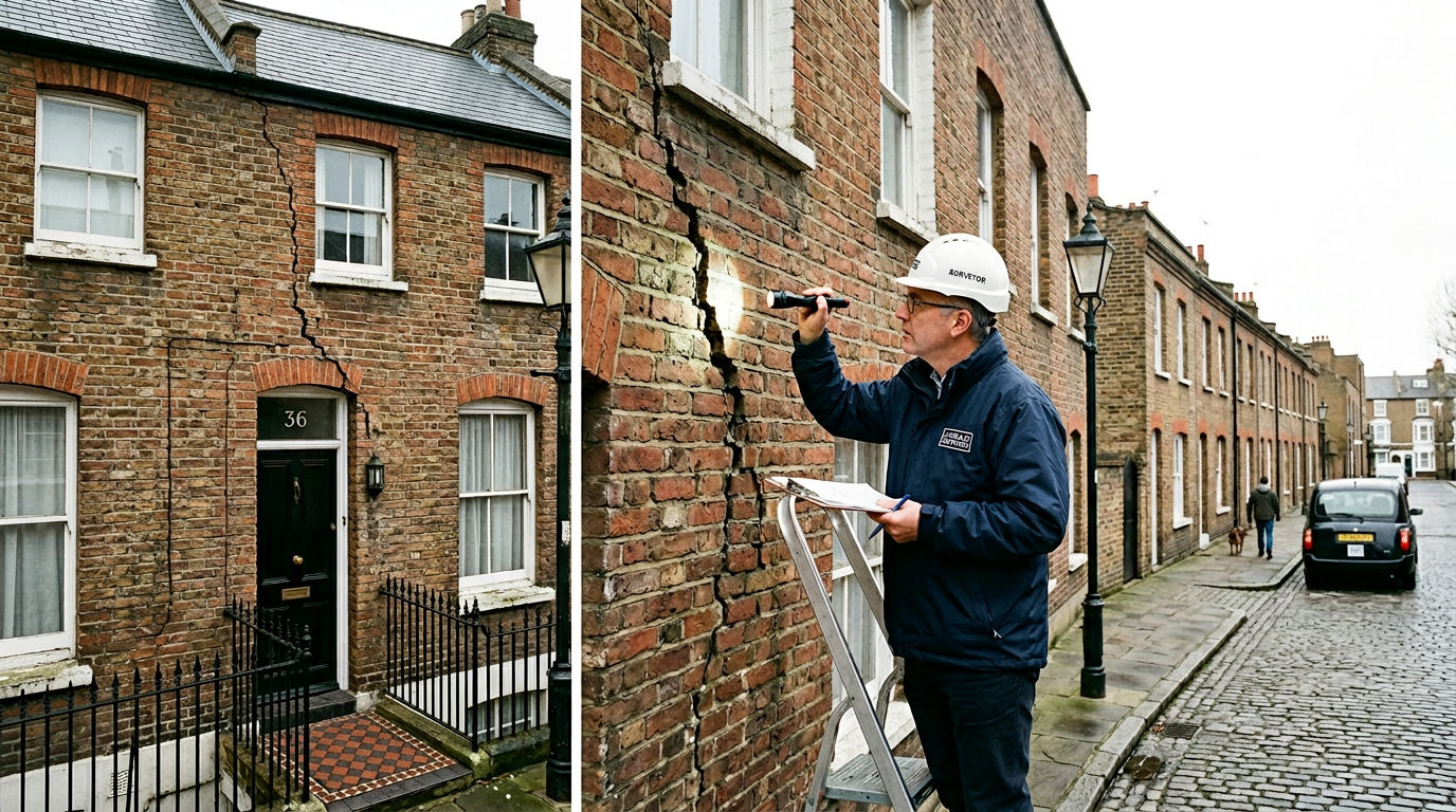 Surveyor examining structural cracks in a Victorian London terrace wall