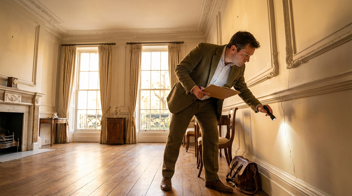 Pimlico Surveyors surveyor performing a Level 3 building survey inspection inside a London townhouse