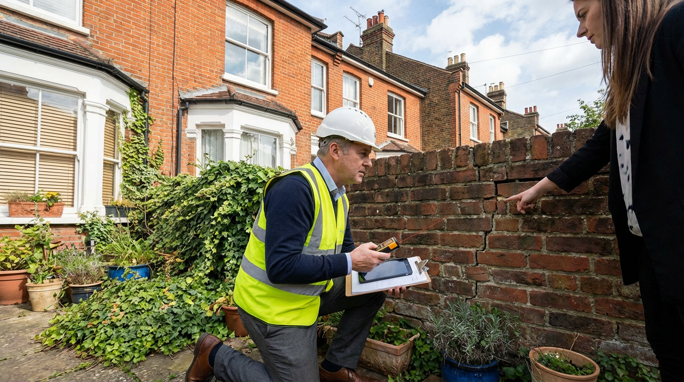 Party wall surveyor examining a shared boundary wall between two London Victorian terraced houses
