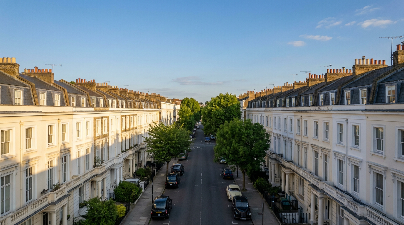 Aerial view of Pimlico's Georgian terraced streets and white stucco facades at golden hour