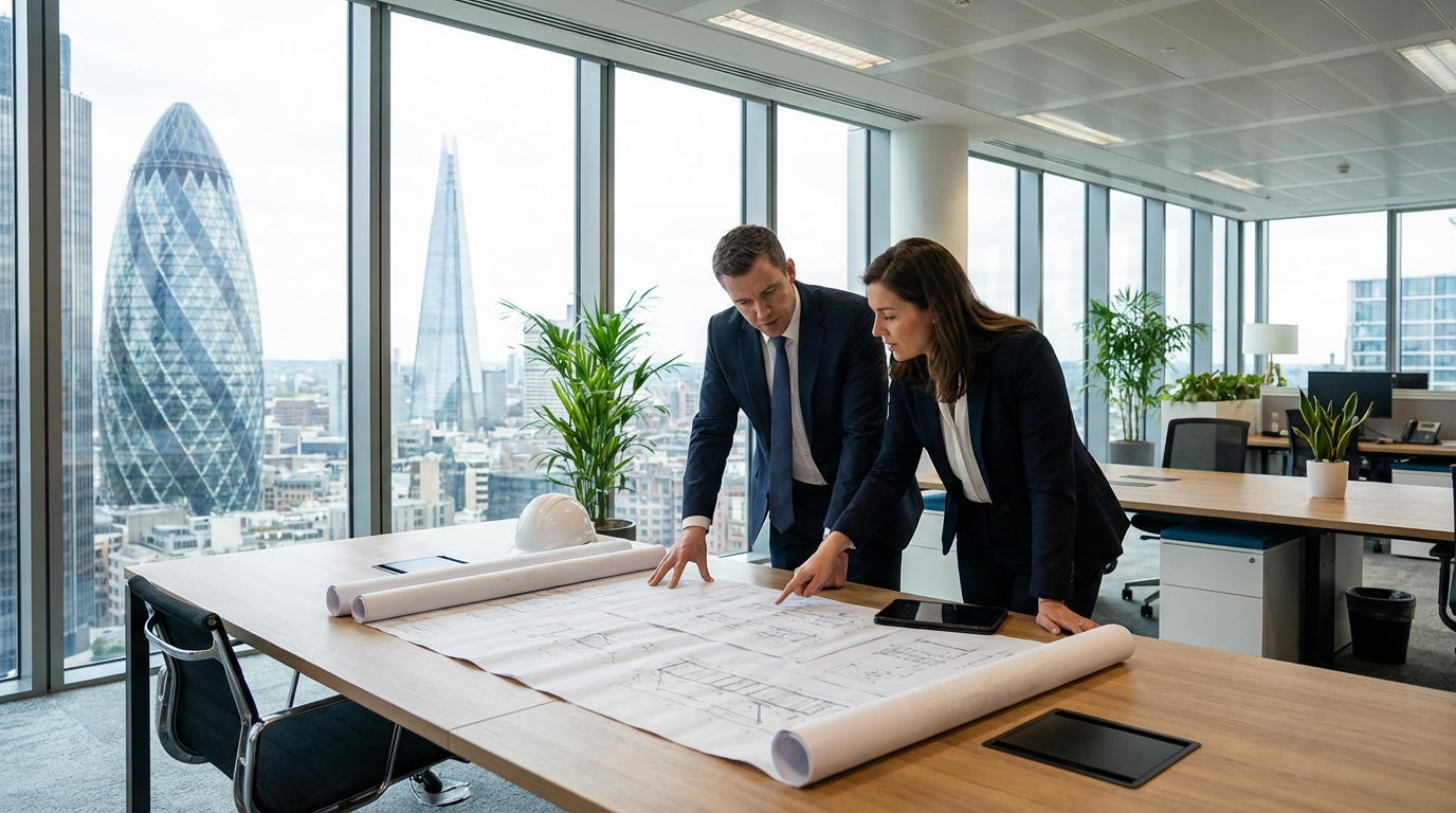 Pimlico Surveyors team collaborating over architectural drawings in their London office